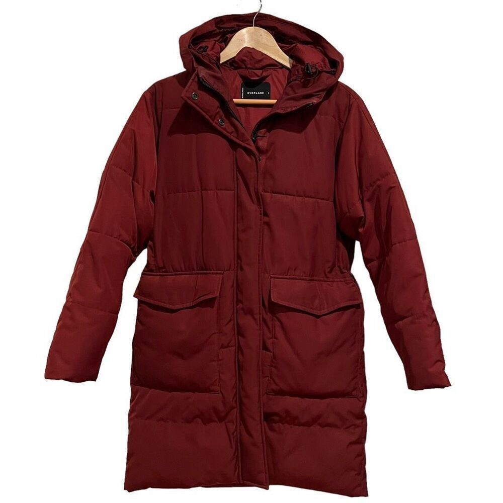 Everlane ReNew Burgundy Long Hooded Puffer Coat Size S